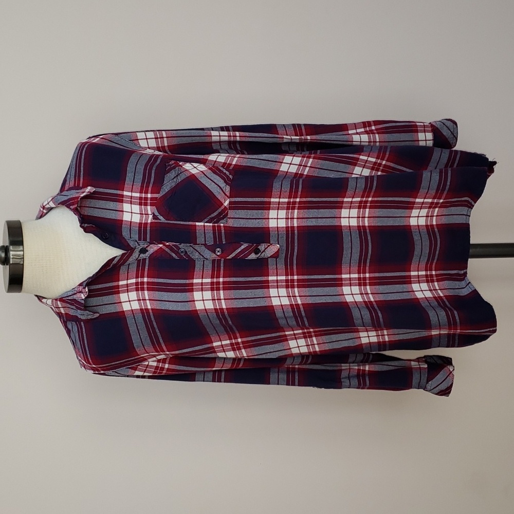 C Est 1946 Pink and Blue Plaid Popover Blouse with Roll Tab Sleeves, Size XL